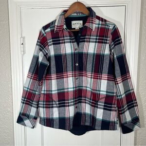 Orvis fleece lined flannel snap front shirt collared jacket